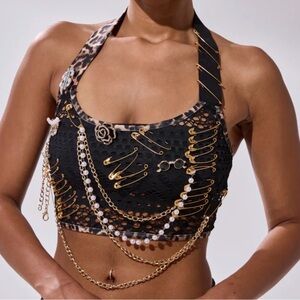 AKIRA Black and Gold Embellished Tank Top